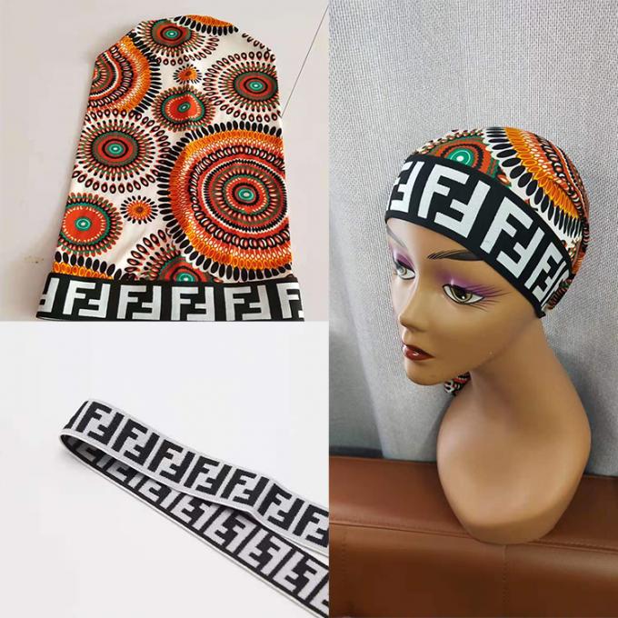 Baixo MOQ por atacado personalizou o logotipo branco do jacquard para a faixa elástica preta do envoltório da cabeça do cabelo